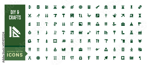 Set of filled and diy crafts icons set. Icon with diy crafting icons. Glyph icon collection for web and ui. Filled icon pack, editable stroke. Solid icon set. Vector illustration.