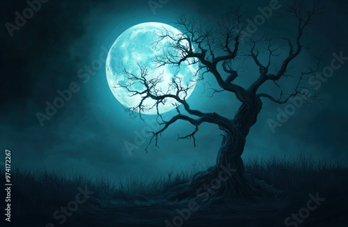Wallpaper Mural Spooky halloween background with silhouette dead tree at night full moon Torontodigital.ca