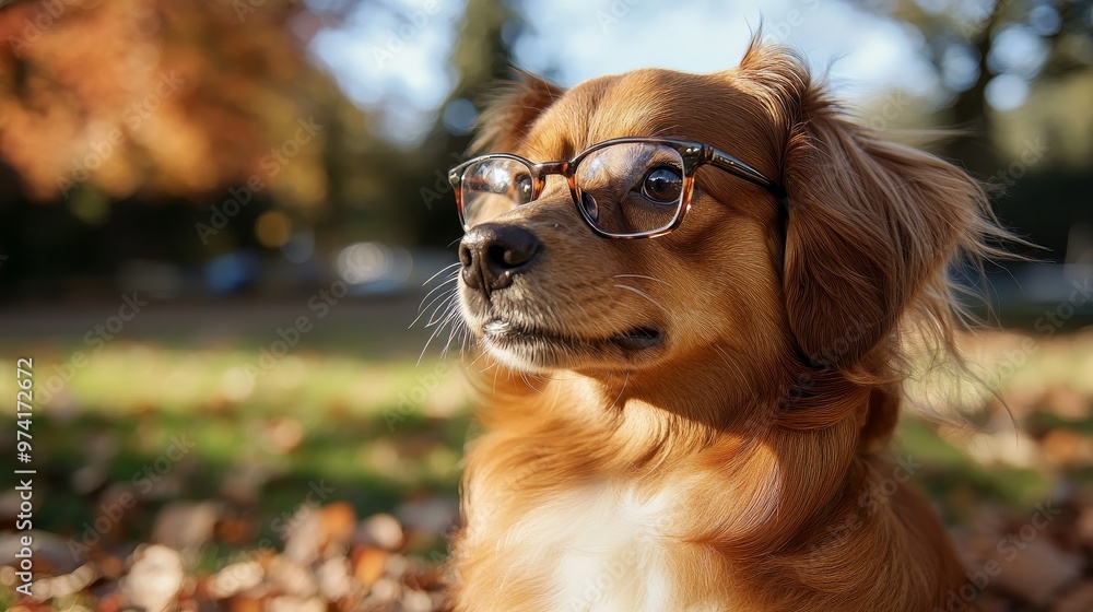 A stylish dog wearing glasses outdoors in a colorful autumn setting, exuding charm and personality amidst the fallen leaves. A stylish dog wearing glasses outdoors in a colorful autumn setting, exuding charm and personality amidst the fallen leaves.