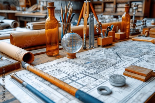 A cluttered yet creative architect's table brims with detailed blueprints, vintage drawing tools, and amber glass bottles, telling a story of passionate design.