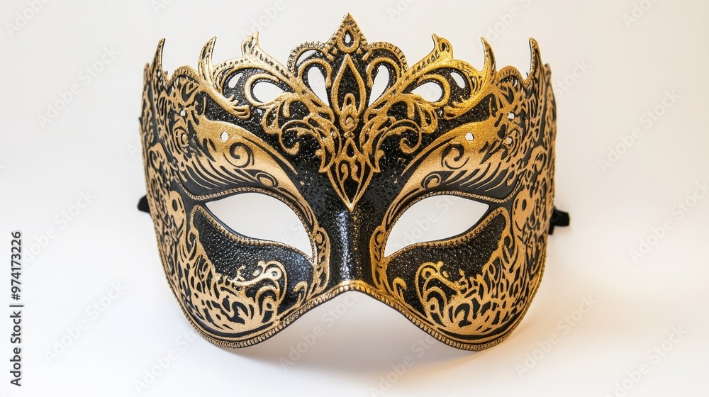 Elegant black and gold masquerade mask featuring intricate designs, perfect for parties, events, and theatrical performances. Elegant black and gold masquerade mask featuring intricate designs, perfect for parties, events, and theatrical performances.