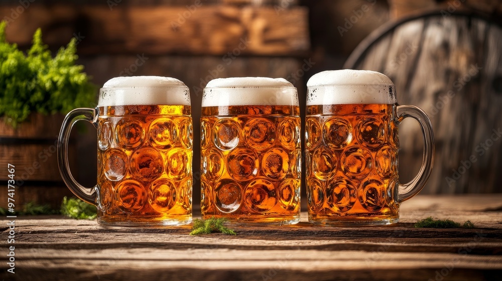 Three frothy beer mugs filled with refreshing golden liquid, set against a rustic wooden background, perfect for beverage lovers. Three frothy beer mugs filled with refreshing golden liquid, set against a rustic wooden background, perfect for beverage lovers.