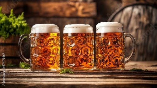 Three frothy beer mugs filled with refreshing golden liquid, set against a rustic wooden background, perfect for beverage lovers. photo