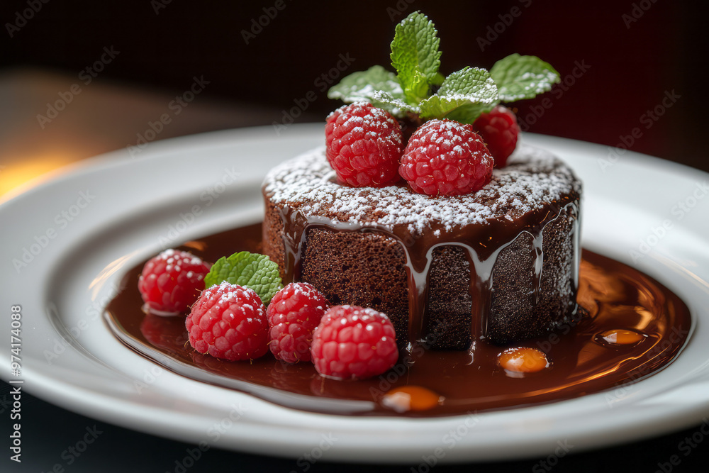 A close-up shot of a decadent chocolate lava cake on a white plate with fresh mint leaves and raspberries, A close-up shot of a decadent chocolate lava cake on a white plate with fresh mint leaves and raspberries,