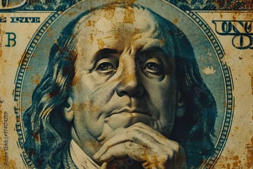 An aged dollar bill with a portrait of Benjamin Franklin, featuring notable wear and aged spots, highlighting its historical significance. photo