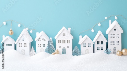 Charming white houses in a snowy landscape, creating a festive atmosphere with blue background and warm decorations.