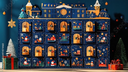 Colorful advent calendar with festive decorations, showcasing holiday spirit and bringing joy to the countdown before Christmas.