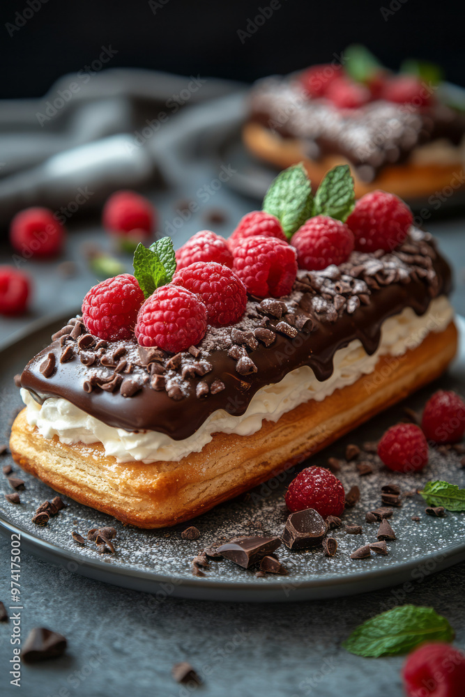 Chocolate éclair filled with cream, decorated with chocolate glaze, mint, and raspberries, Chocolate éclair filled with cream, decorated with chocolate glaze, mint, and raspberries,