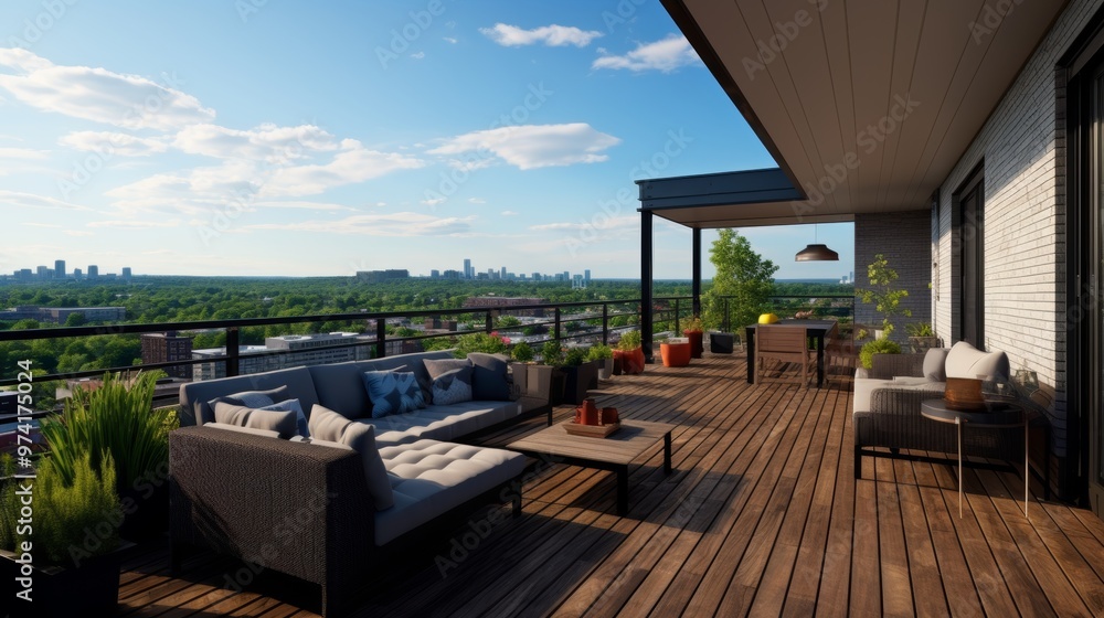 Stylish rooftop terrace view with dark wood deck, lush plants, brick fence, and black furniture Stylish rooftop terrace view with dark wood deck, lush plants, brick fence, and black furniture