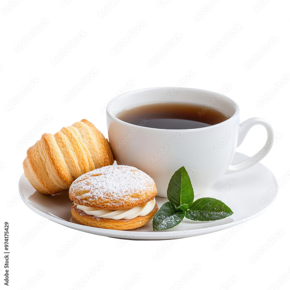 A comforting scene featuring a cup of tea, cookies, and fresh leaves, perfect for a relaxing moment or inviting atmosphere. A comforting scene featuring a cup of tea, cookies, and fresh leaves, perfect for a relaxing moment or inviting atmosphere.