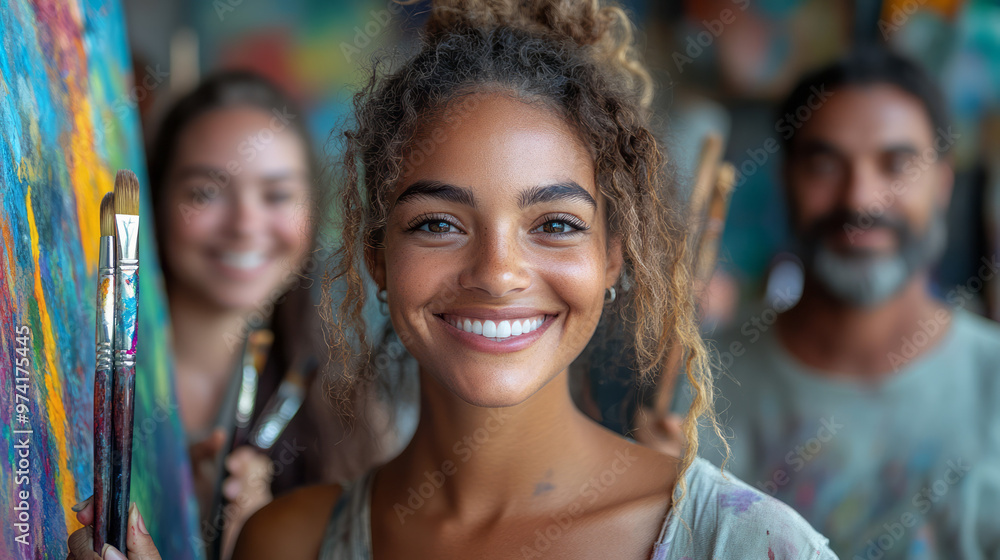 Fototapeta premium A diverse group of artists holding paintbrushes and smiling in a studio,