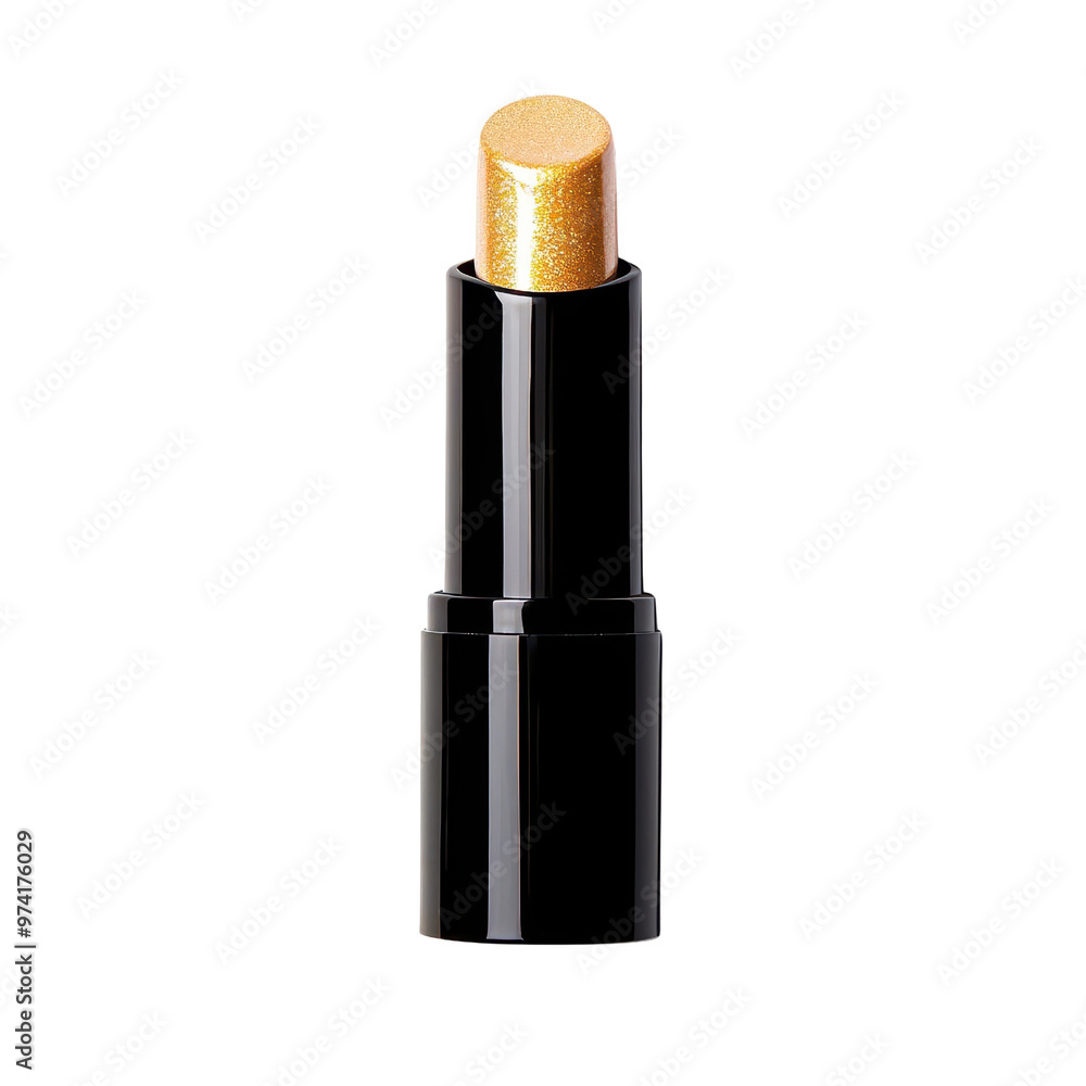 Obraz premium A sleek black lipstick tube featuring a shimmering gold bullet, perfect for adding a touch of glamour to any makeup collection.