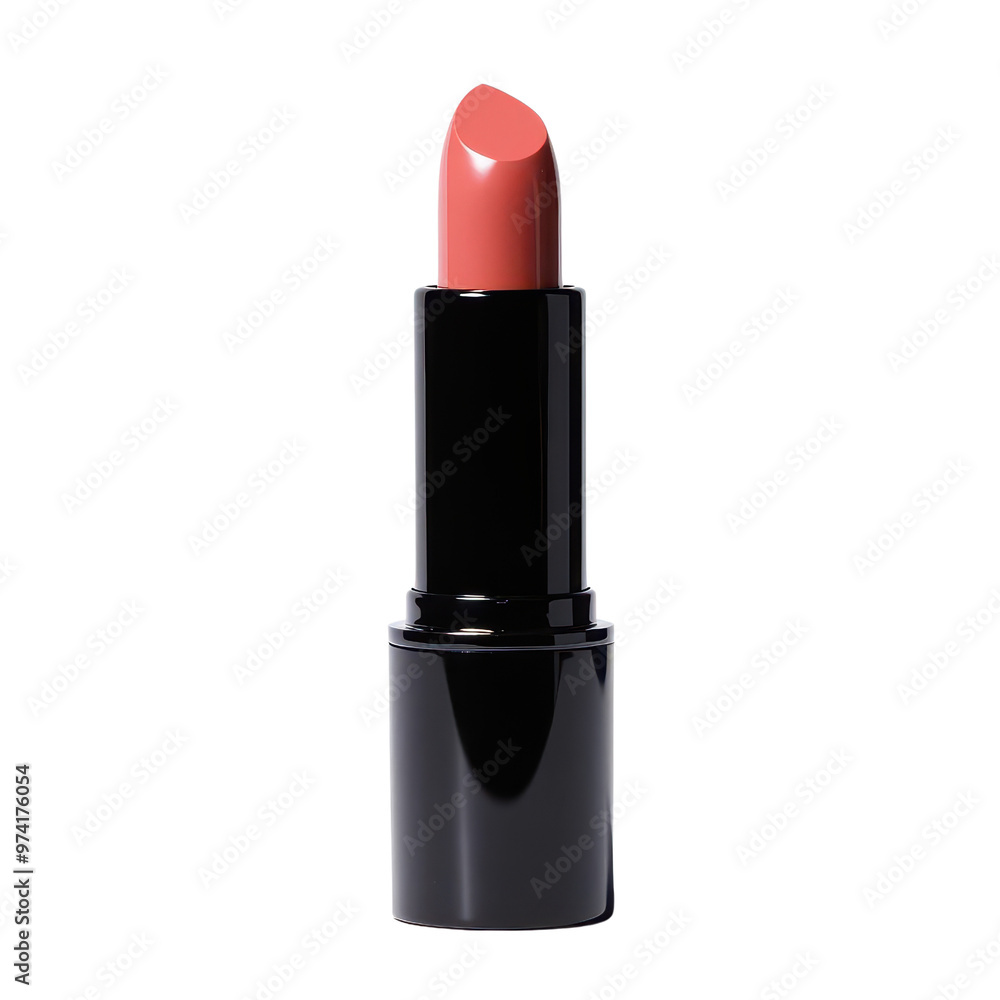 Obraz premium A sleek black lipstick tube featuring a soft nude shade, ideal for beauty and makeup product displays.