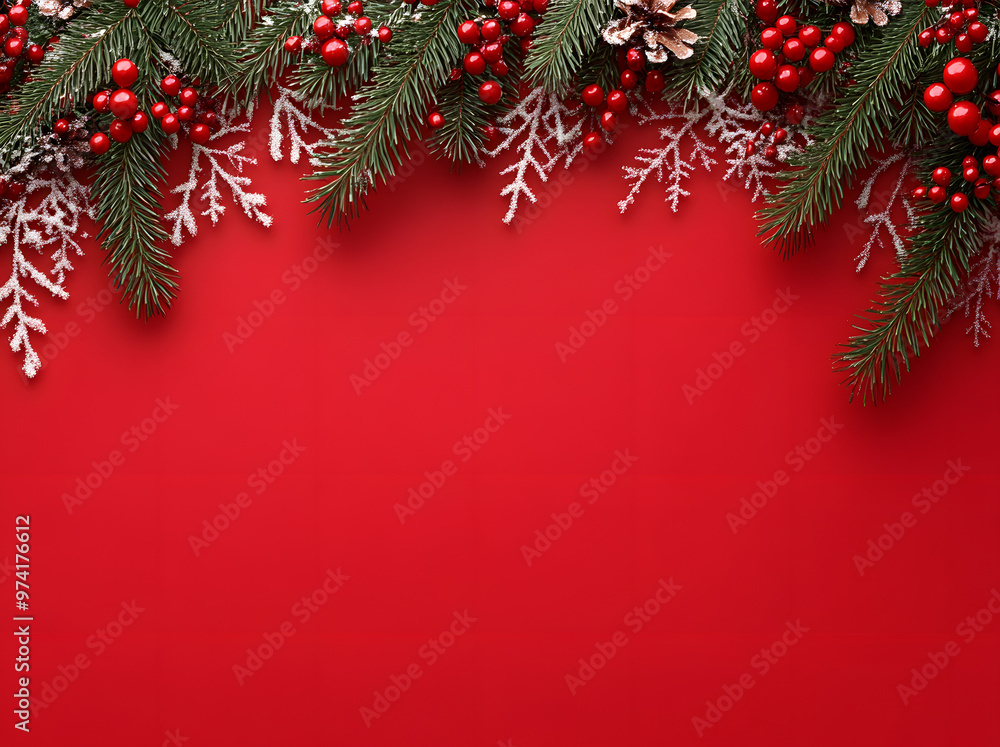 Red Christmas background, Christmas tree branches and decorations, snowflakes, wallpaper, perfect frame for cards, gritting letters, gritting card Red Christmas background, Christmas tree branches and decorations, snowflakes, wallpaper, perfect frame for cards, gritting letters, gritting card