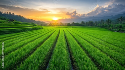 Serene Sunset over Verdant Rice Field Rows - Agricultural Landscape in Golden Hour Light