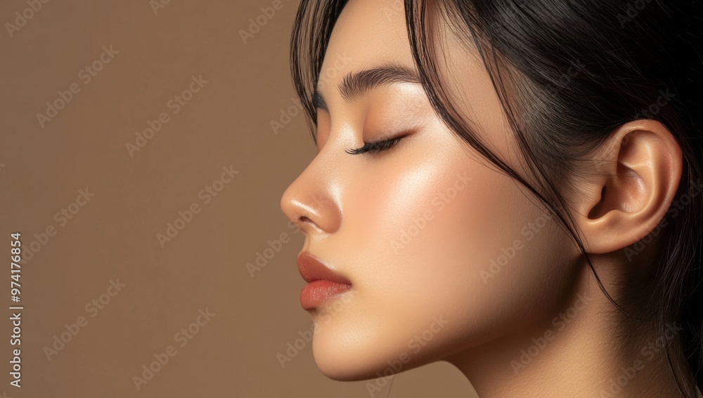 portrait of asian woman model with eyes closed, side profile, neutral background, studio lighting portrait of asian woman model with eyes closed, side profile, neutral background, studio lighting