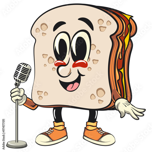 sandwich bread cartoon character mascot retro vector design in front of the mic become a stand up comedian, work of hand drawn