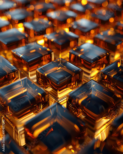 A grid of gold and black parallelograms with shadow play and light reflections, photo