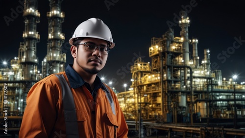 Night shift engineer oil and gas refinery service, male worker hard work in petroleum industry plant dark background