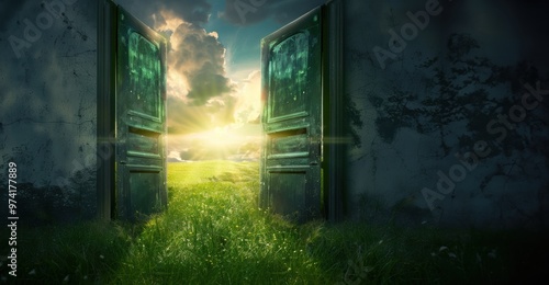 Two doors opened on green grass, lawn. Sunny sky with white clouds, sun and sun rays , light shining through portal. Entrance of optimism, life, happiness or heaven, new world, faith in future.