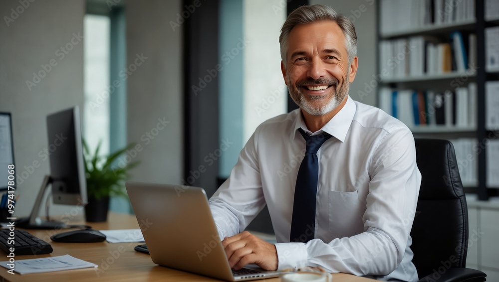 Office, smile and mature man at computer with confidence, research and professional at consultancy. Advisor, project manager or happy businessman at desk for online support in business development Office, smile and mature man at computer with confidence, research and professional at consultancy. Advisor, project manager or happy businessman at desk for online support in business development