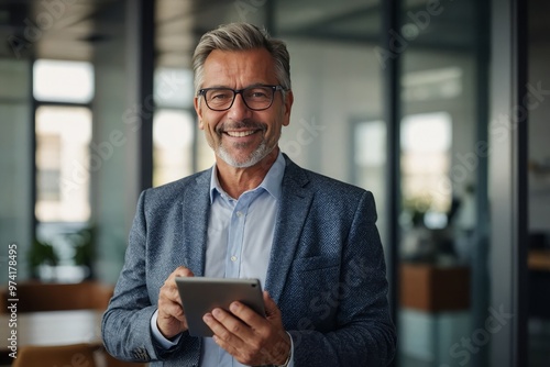 Portrait of happy 50 years old business man executive standing in office using digital tablet. Middle aged businessman manager business owner working on professional finances project looking at camera