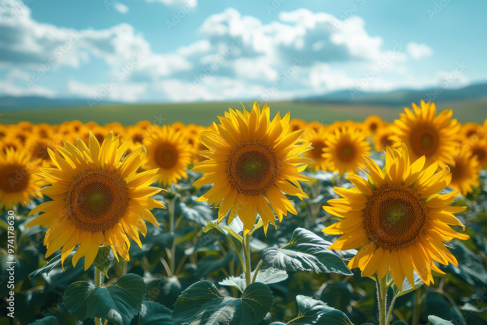 A scenic countryside with a field of sunflowers stretching to the horizon under a clear blue sky, A scenic countryside with a field of sunflowers stretching to the horizon under a clear blue sky,