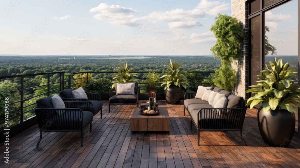 Contemporary rooftop terrace view with dark wood deck, lush plants, brick fence, and black furniture Contemporary rooftop terrace view with dark wood deck, lush plants, brick fence, and black furniture