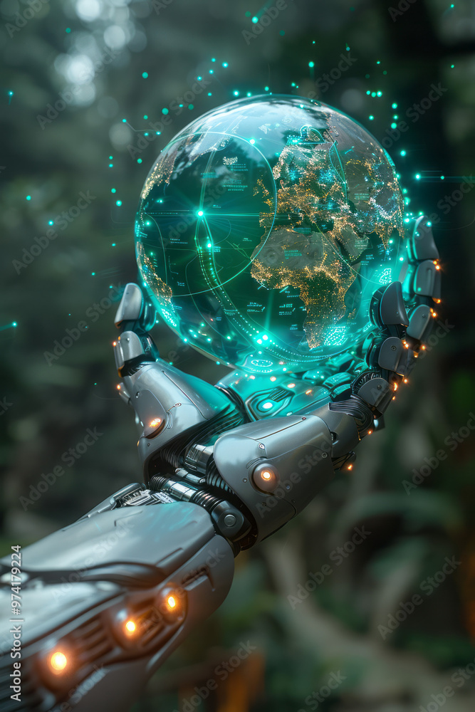 A stylized chrome robotic hand gently cupping a holographic Earth, A stylized chrome robotic hand gently cupping a holographic Earth,