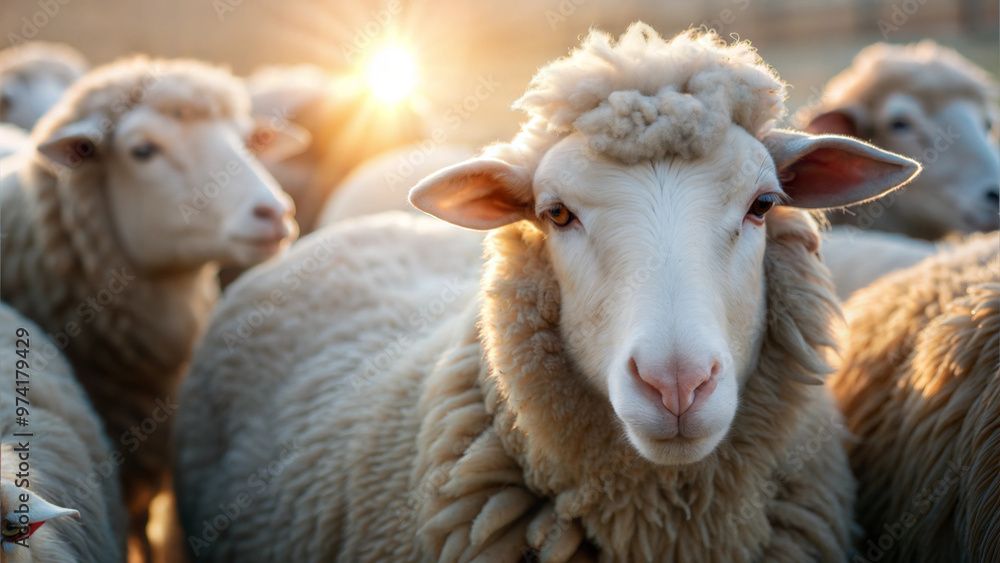 Close-up of sheep in a field at sunset, soft golden light, pastoral farming scene Close-up of sheep in a field at sunset, soft golden light, pastoral farming scene