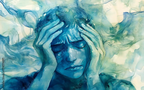 Aching in Hues of Blue and Green - Abstract Watercolor Art of a Sick Person in Pain