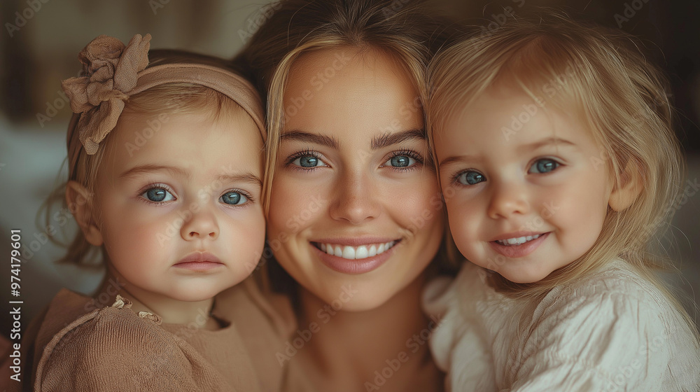 Young beautiful mother holds a baby. Little sister kisses her little sister. Baby. Children bedroom. Cozy. Young beautiful mother holds a baby. Little sister kisses her little sister. Baby. Children bedroom. Cozy.