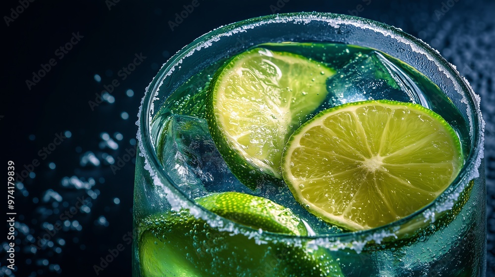 A refreshing lime juice glass with ice and slices shines against a black background, inviting thirst. A refreshing lime juice glass with ice and slices shines against a black background, inviting thirst.