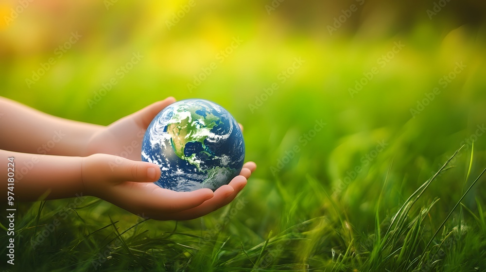 Earth Resting in a Child’s Hand: A small child's hand gently holding the Earth, with a blurred green field in the background, symbolizing the future.
Earth Resting in a Child’s Hand: A small child's hand gently holding the Earth, with a blurred green field in the background, symbolizing the future.