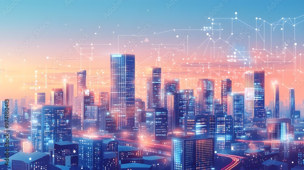 A panoramic view of a tech-driven city where blockchain ensures secure transactions, and IoT devices optimize public services A panoramic view of a tech-driven city where blockchain ensures secure transactions, and IoT devices optimize public services
