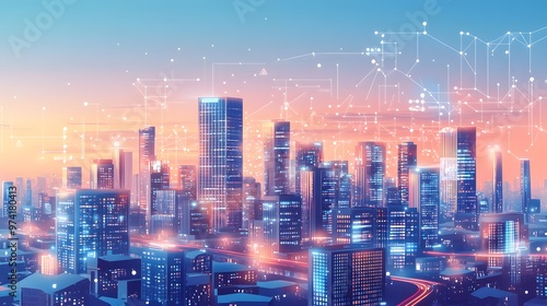 A panoramic view of a tech-driven city where blockchain ensures secure transactions, and IoT devices optimize public services