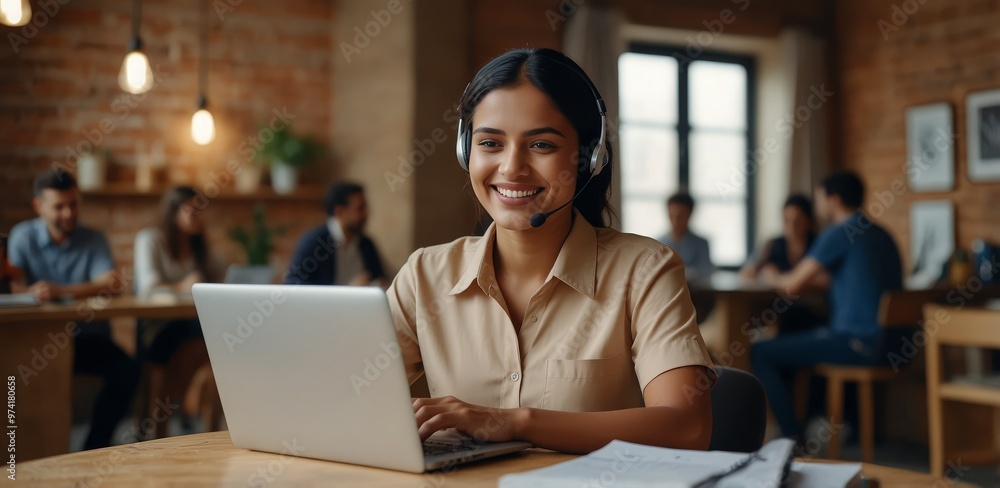 Fototapeta premium Smiling Indian female employee in wireless earphones make notes watching webinar on laptop, happy young ethnic woman worker in headset talk on video call brainstorm with colleagues online