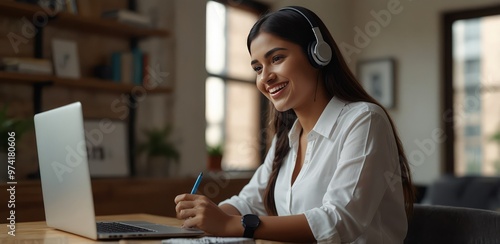 Smiling Indian female employee in wireless earphones make notes watching webinar on laptop, happy young ethnic woman worker in headset talk on video call brainstorm with colleagues online