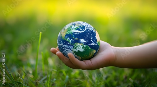 Earth Resting in a Child’s Hand: A small child's hand gently holding the Earth, with a blurred green field in the background, symbolizing the future. 