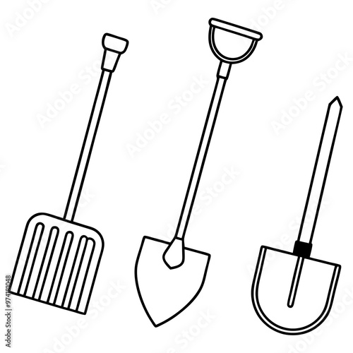 spade shovel rakes outline coloring book page line art drawing