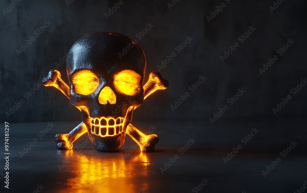 Glowing 3D Skull and Crossbones Symbol in Dark Room - Toxic Danger Concept Glowing 3D Skull and Crossbones Symbol in Dark Room - Toxic Danger Concept