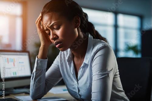 Stress, business and black woman with headache in office for administration, burnout and brain fog of project. Tired, worker and computer with eye strain, migraine and anxiety of deadline pressure