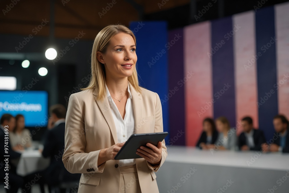 Tech startup leader using convention as platform to offer latest AI services. Businesswoman holding tablet uses microphone Tech startup leader using convention as platform to offer latest AI services. Businesswoman holding tablet uses microphone