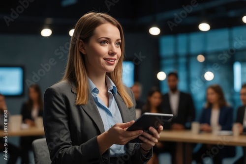 Tech startup leader using convention as platform to offer latest AI services. Businesswoman holding tablet uses microphone