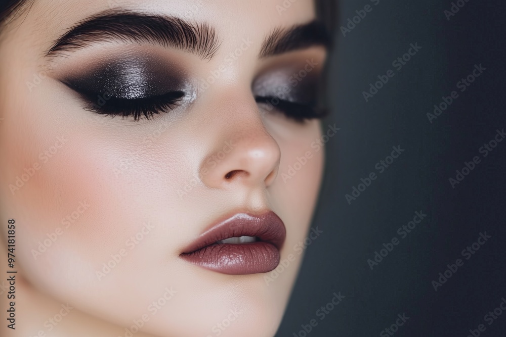 woman with bold, cool-toned smokey eyes in shades of grey and charcoal, paired with a matte berry lip woman with bold, cool-toned smokey eyes in shades of grey and charcoal, paired with a matte berry lip