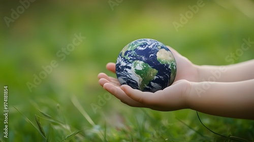 Earth Resting in a Child’s Hand: A small child's hand gently holding the Earth, with a blurred green field in the background, symbolizing the future. 