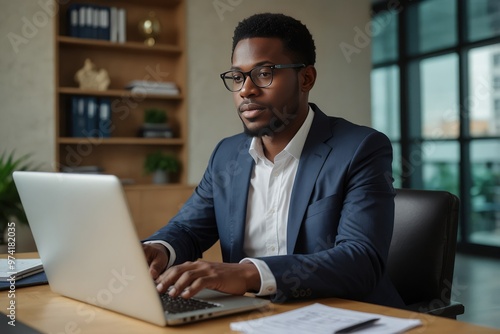 Typing, laptop and businessman at office for communication with client for feedback on investment growth. Finance, computer and African underwriter with report for online financial risk evaluation