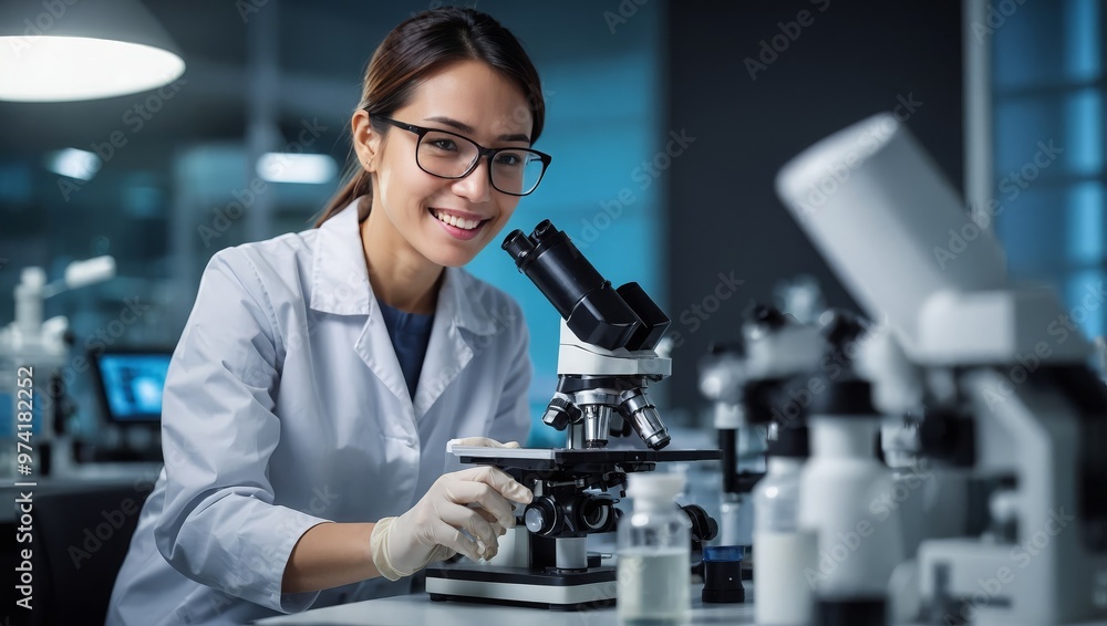Woman, scientist and microscope with tablet in lab for experiment research, medical data and science information. Smile, researcher and digital for biotechnology study, feedback and vaccine solution Woman, scientist and microscope with tablet in lab for experiment research, medical data and science information. Smile, researcher and digital for biotechnology study, feedback and vaccine solution