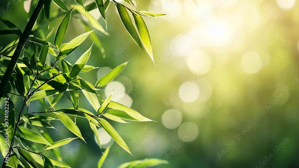 Bamboo leaves glimmering in sunlight with soft greenery in the background during late afternoon Bamboo leaves glimmering in sunlight with soft greenery in the background during late afternoon