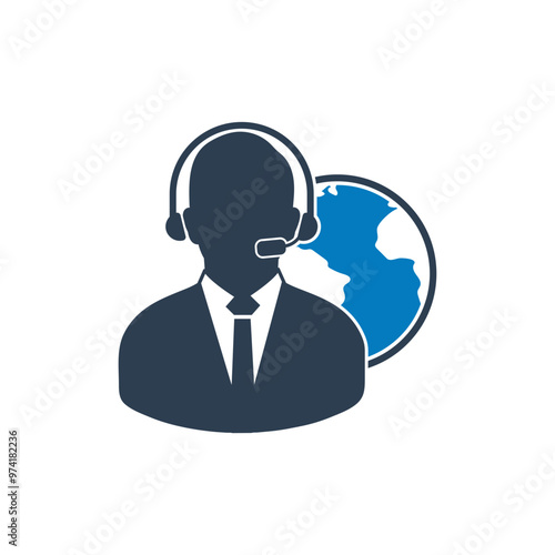 Customer Service Operator Icon. With Man, Headphone and Globe Symbols. Editable Flat Vector Illustration.